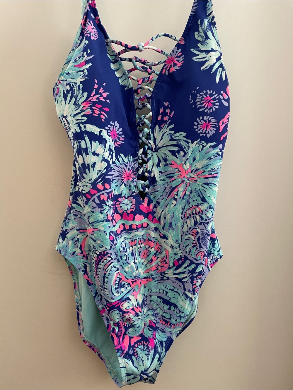 LILLY PULITZER Isle Navy Floral Lace-Up One-Piece Swimsuit 10 EUC - Picture 2 of 8